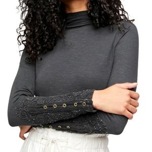 Free People Hooked on You Black Mock Neck Top